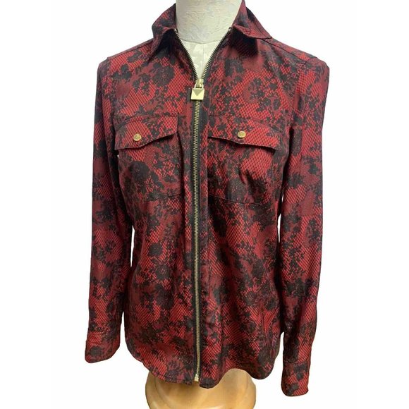Michael Kors Blouse Red Floral Lace Full Zip Dog Tag  Top Women's Size Medium - Picture 1 of 8